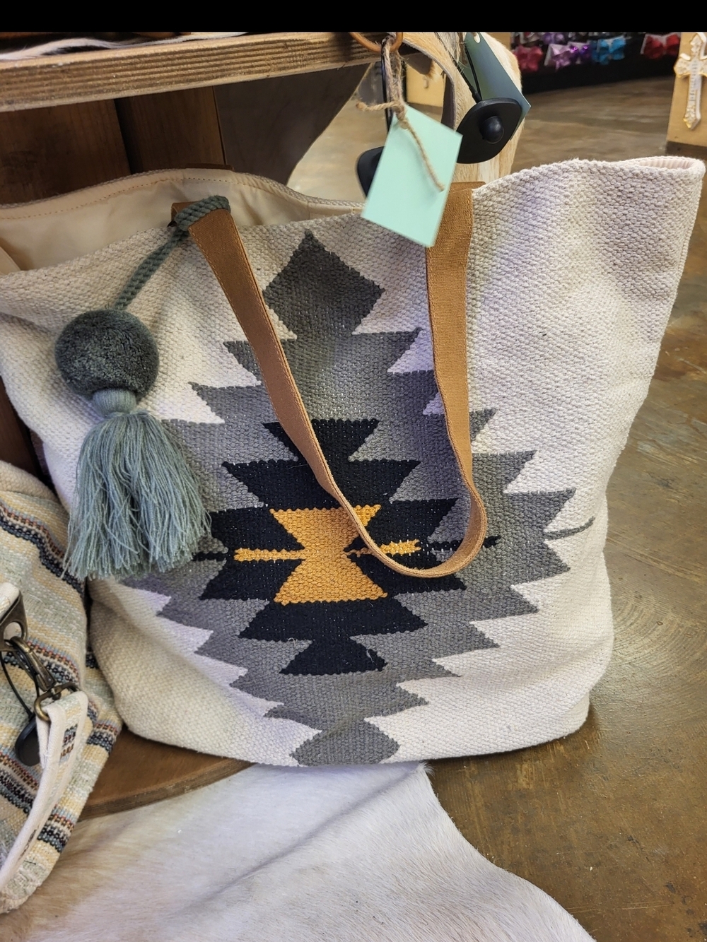 Aztec-Pattern Cream Tote with Gray, Black & Mustard Accents